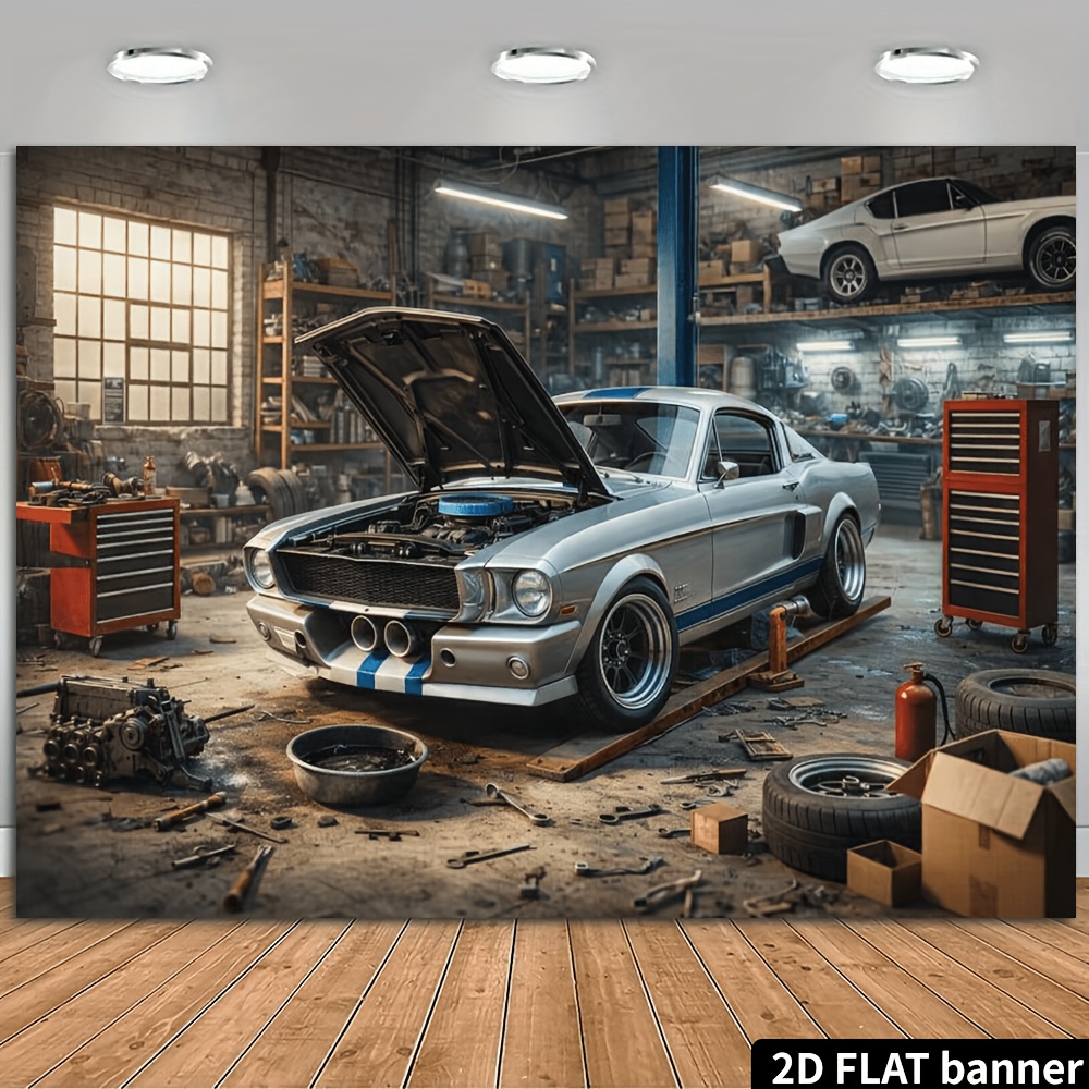 Auto Repair Shop Background - 2D-Flachbild-Hintergrundstoff mit Retro-Autoreparaturwerkstatt und silbernem Sportwagen.